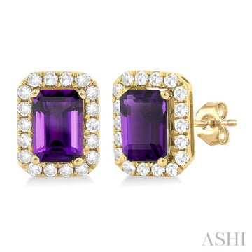 6x4 MM Octagonal Shape Amethyst and 1/4 Ctw Round Cut Diamond Halo Semi-Precious Stud Earrings in 14K Yellow Gold